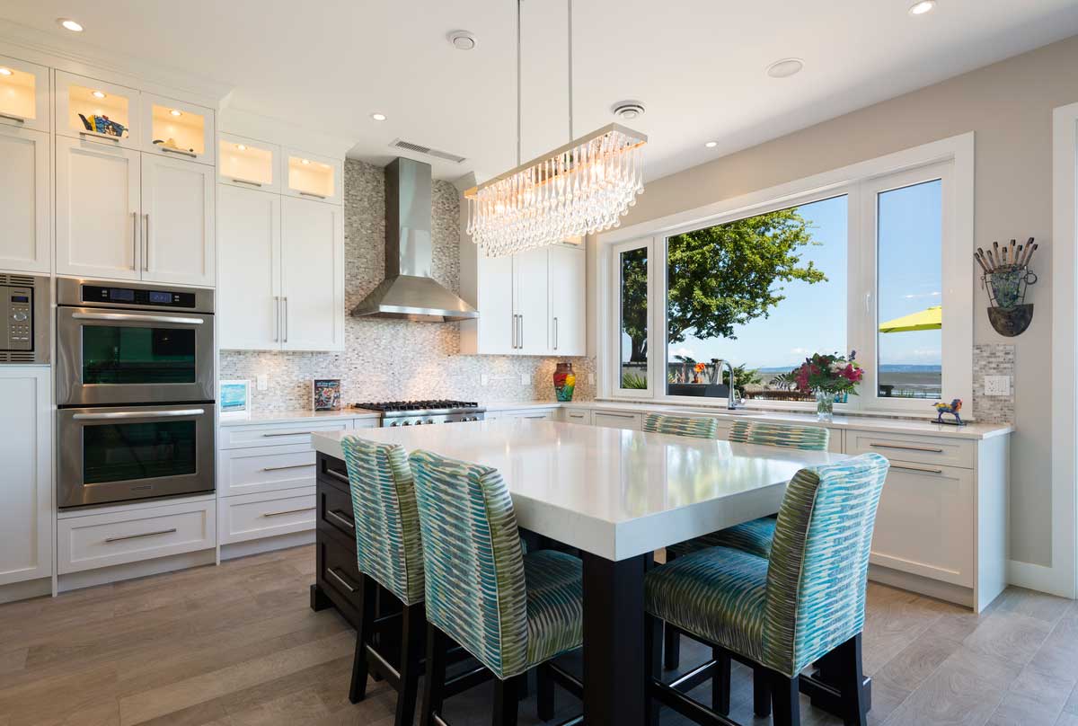 kitchen with rectangular glass chandelier