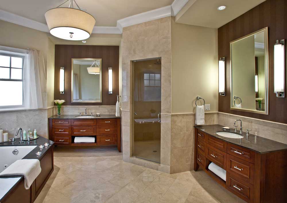 master bathroom with drum shade pendant light and wall sconce