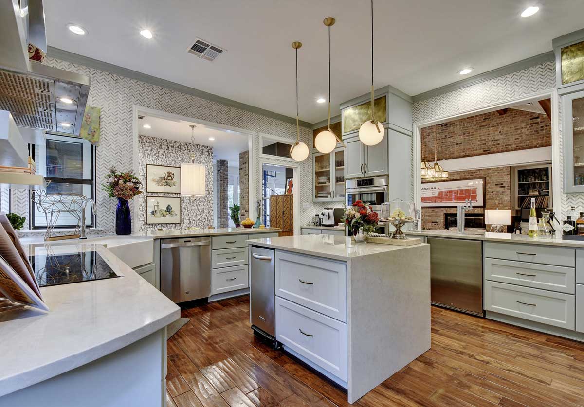 kitchen with matte white globe pendant light 