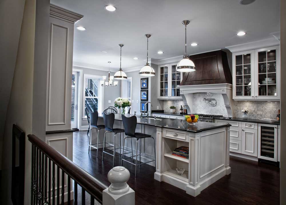 kitchen with white glass pendant light in satin nickel finish