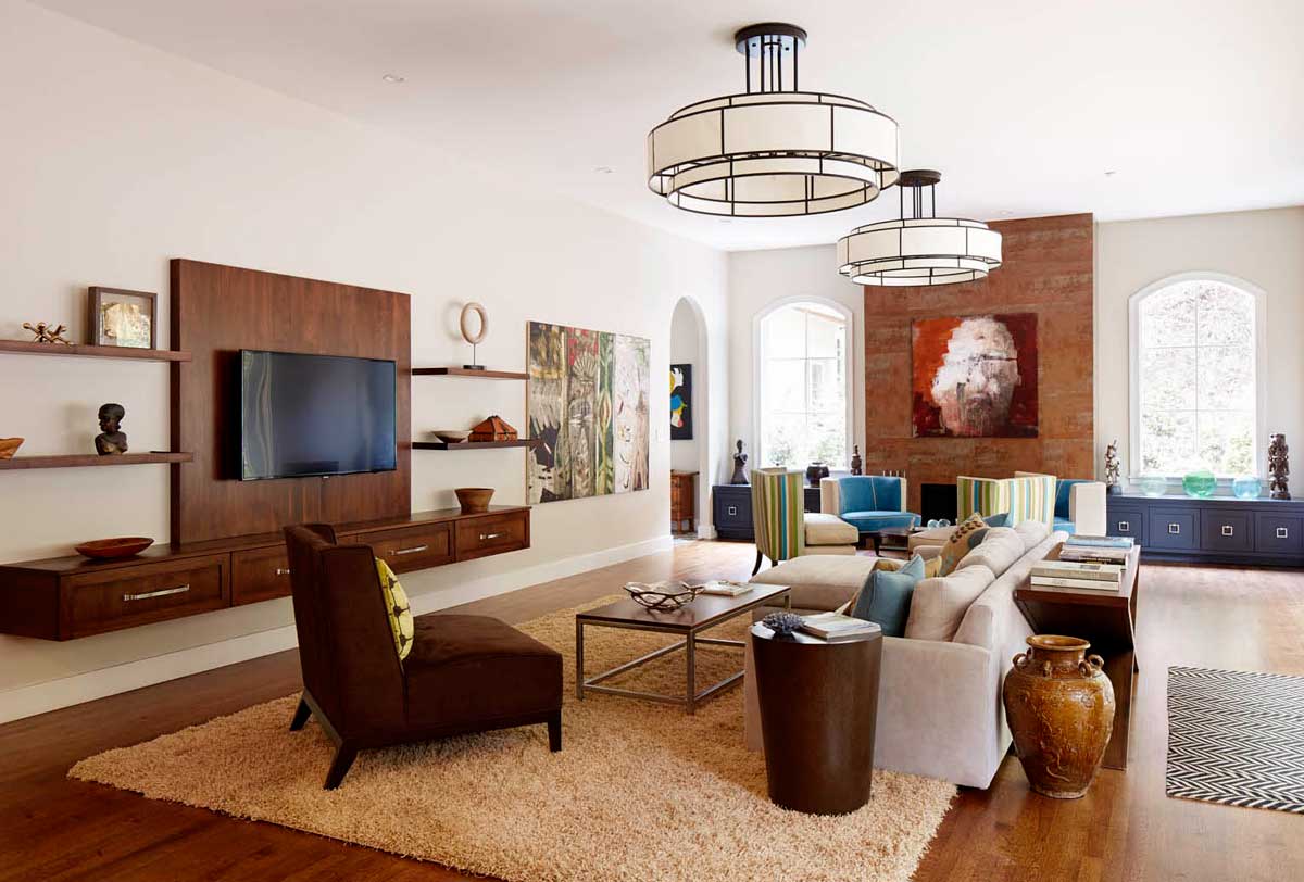 living room with modern drum pendant light