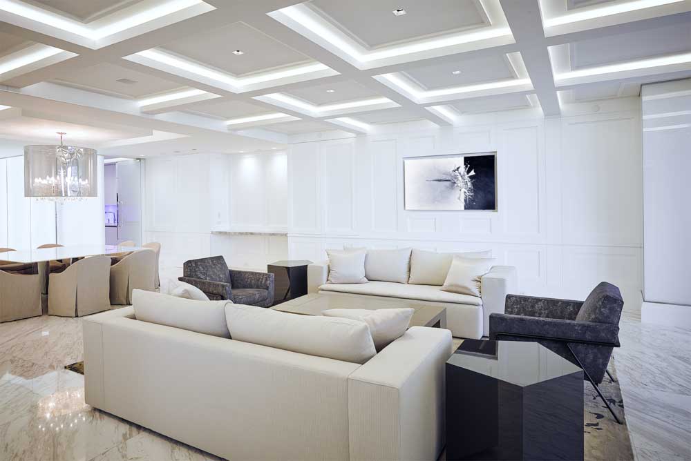 contemporary living room with led strip ceiling lights