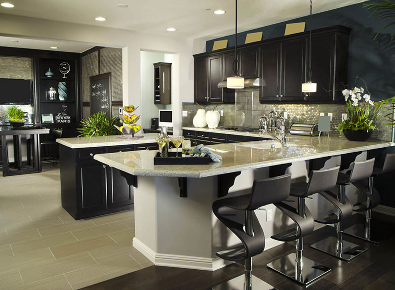 Black kitchen with Kashmir white granite countertops