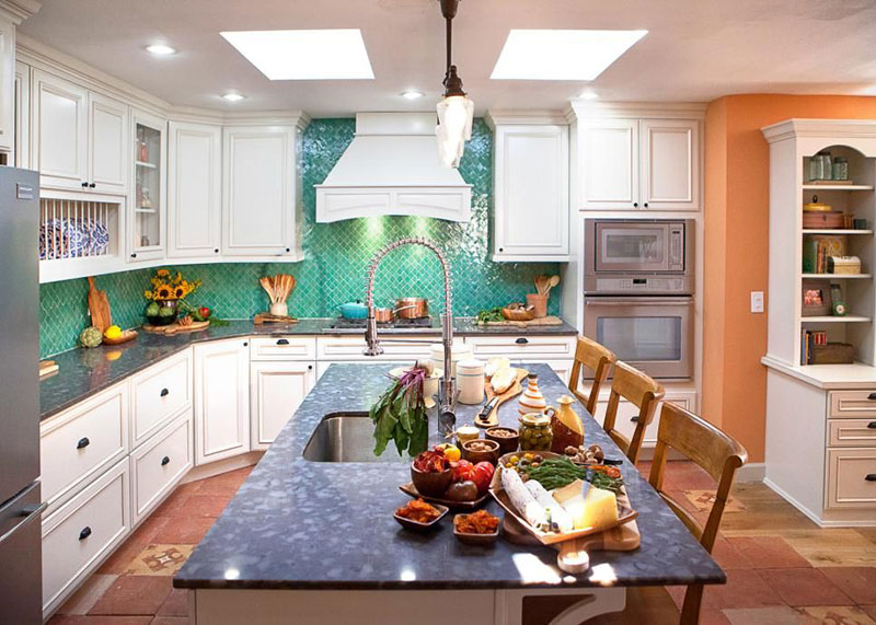 Transitional kitchen with blue pearl granite and glass mosaic tile