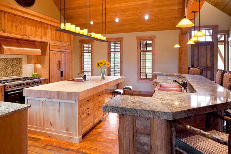 Rustic kitchen with river white granite