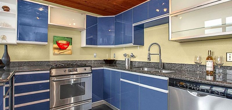 contemporary cabinets with blue pearl granite countertops