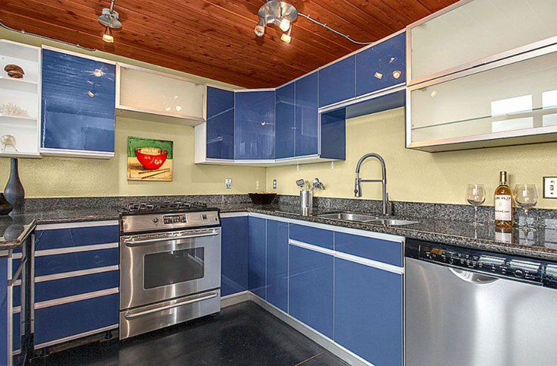 contemporary cabinets with blue pearl granite countertops