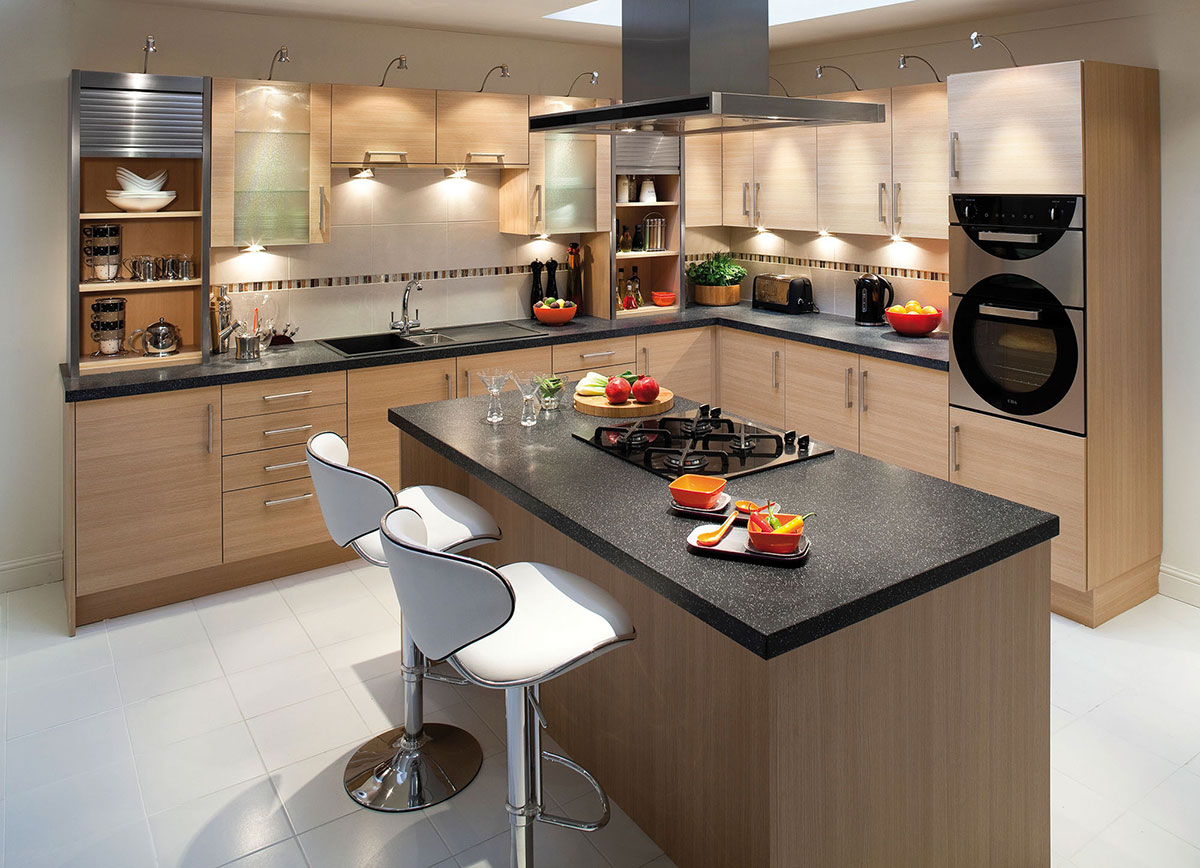 Modern kitchen with black granite countertops