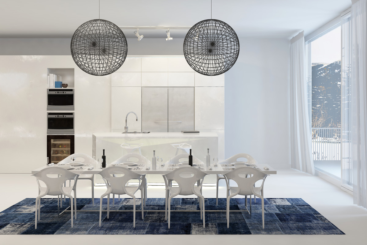 dining room with navy blue rug