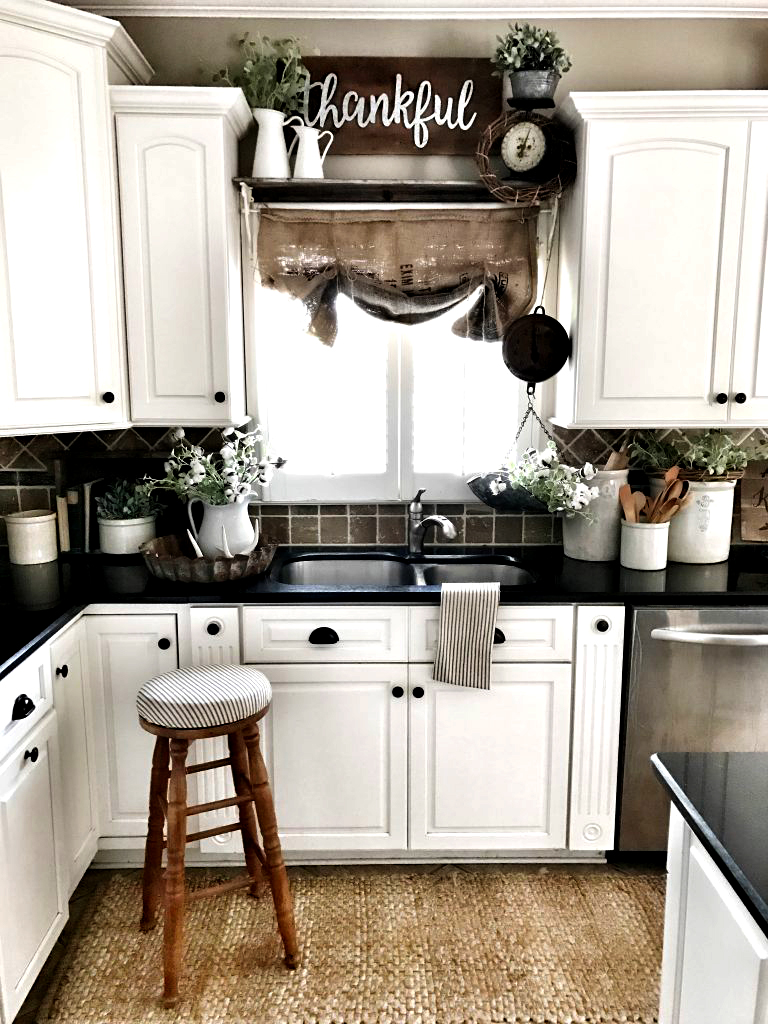 Burlap sack curtains for window over kitchen sink