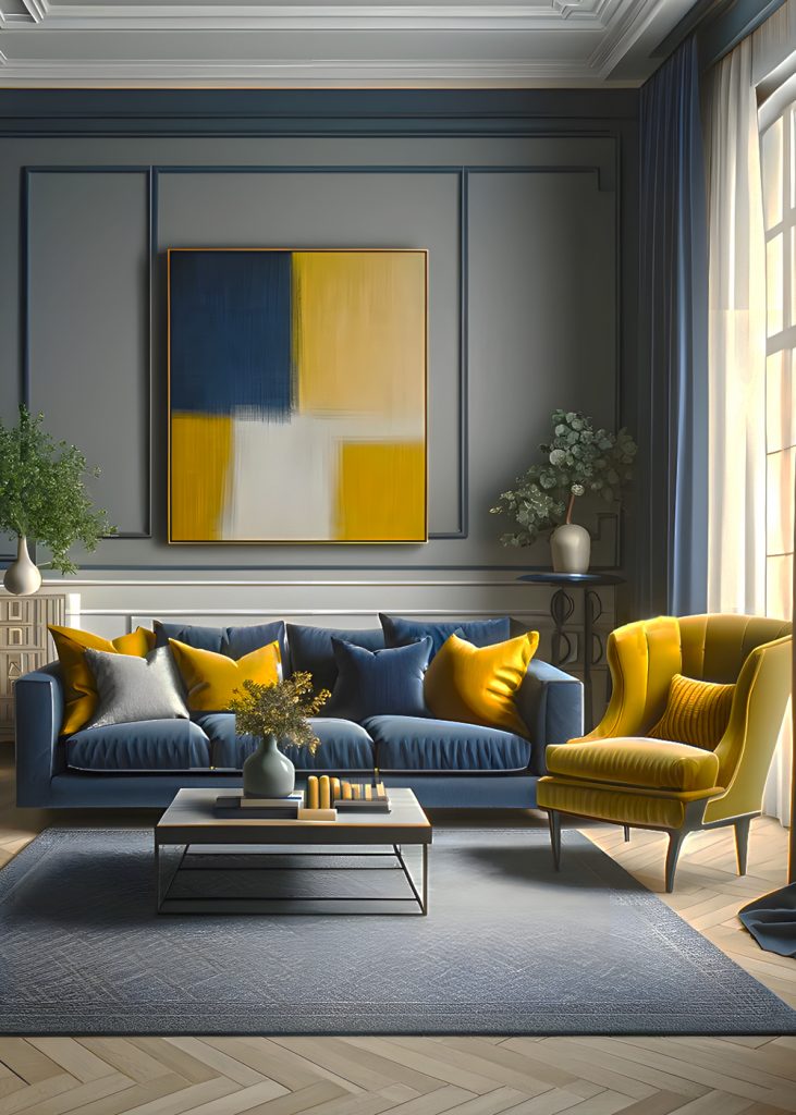 Artistic Flair-Yellow-Gray-And-Navy-Blue-Living-Room