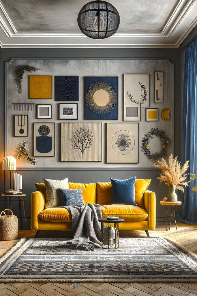 Bohemian Yellow-Gray-And-Navy-Blue-Living-Room