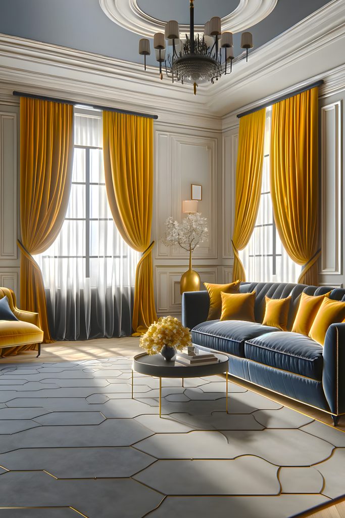 Classic Elegant Yellow-Gray-And-Navy-Blue-Living-Room