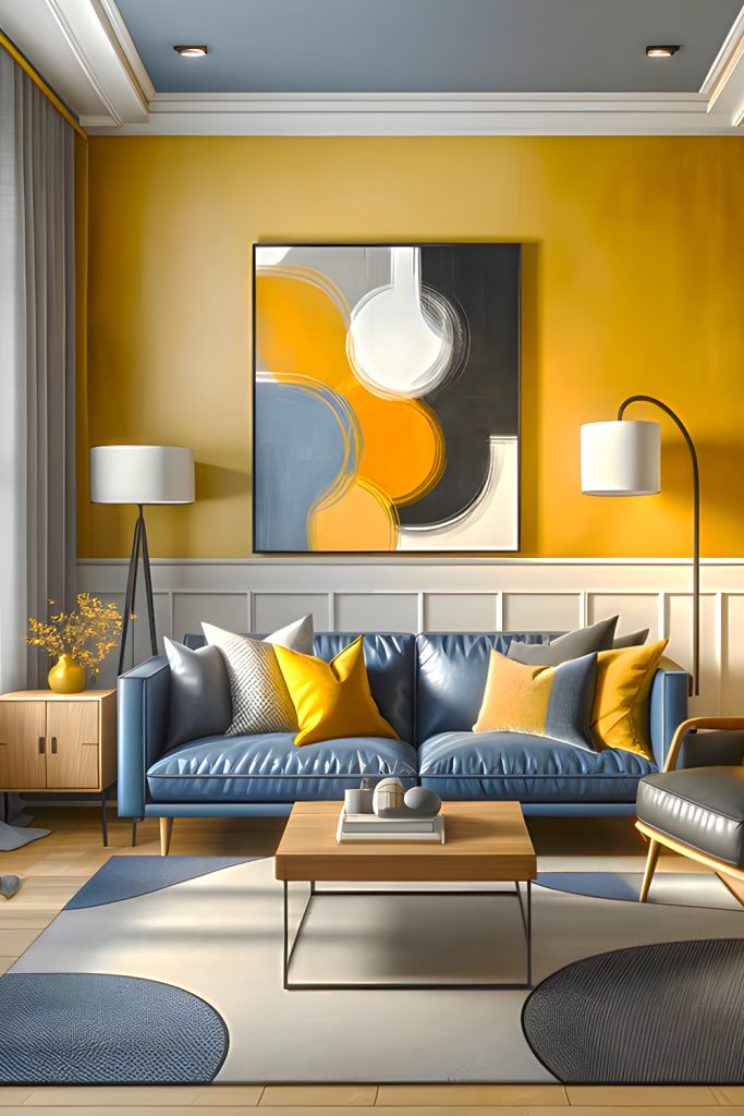 Contemporary Yellow-Gray-And-Navy-Blue-Living-Room