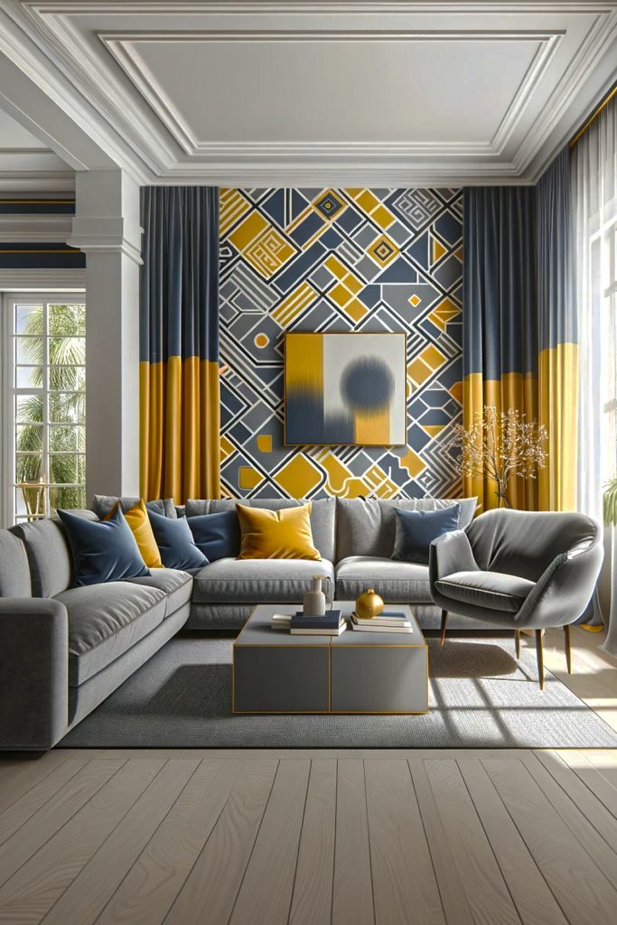 Elegant Yellow-Gray-And-Navy-Blue-Living-Room
