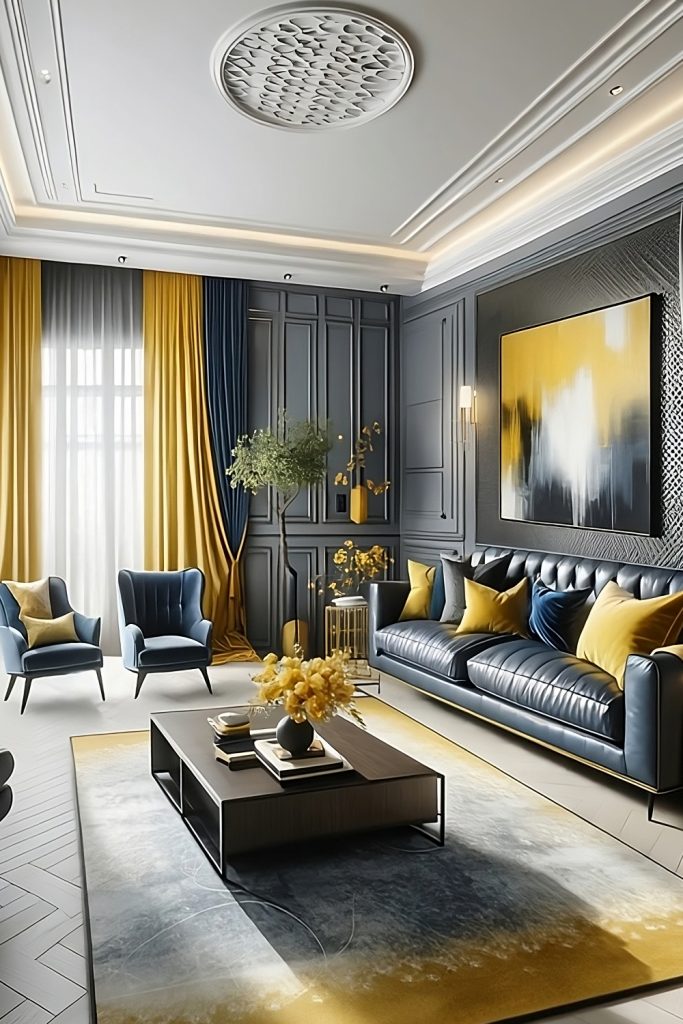 Glamorous Yellow-Gray-And-Navy-Blue-Living-Room.