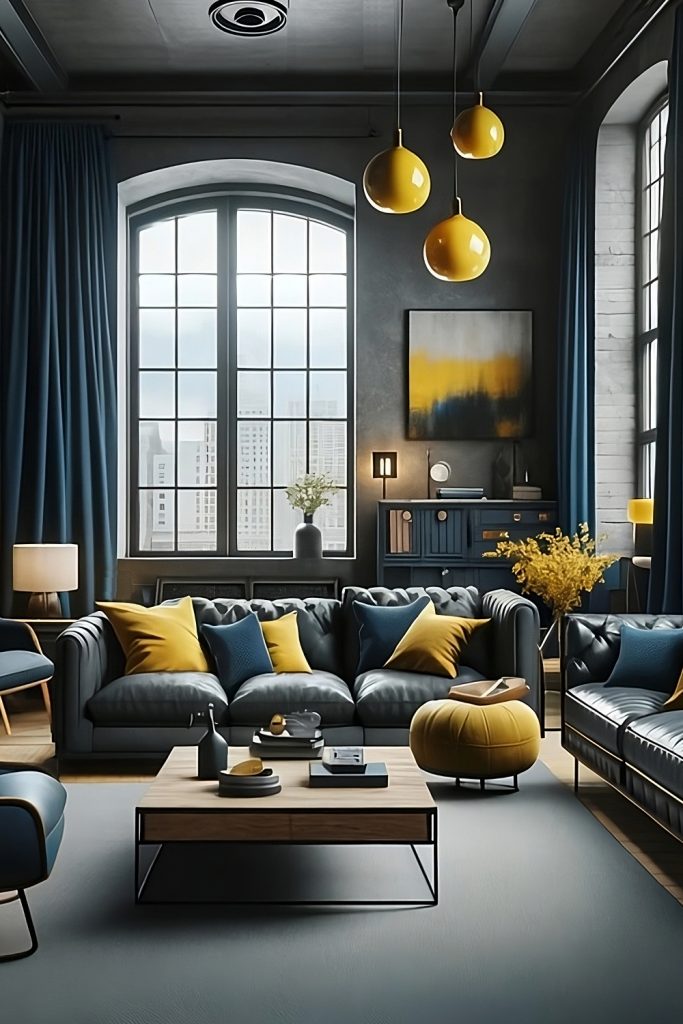 Industrial Yellow-Gray-And-Navy-Blue-Living-Room
