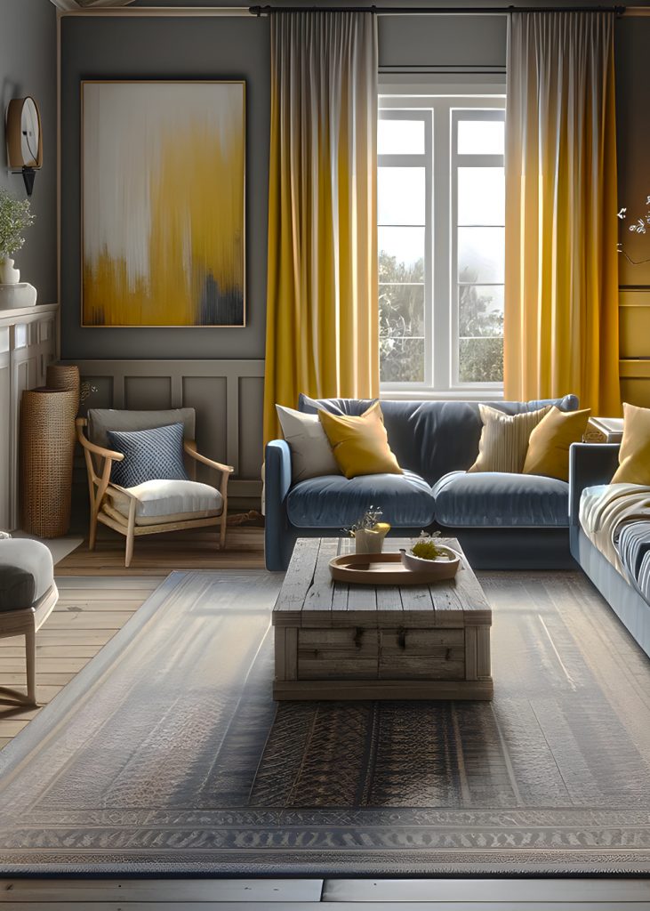 Rustic Yellow-Gray-And-Navy-Blue-Living-Room