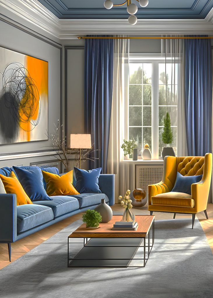 Vintage-Mix-Yellow-Gray-And-Navy-Blue-Living-Room