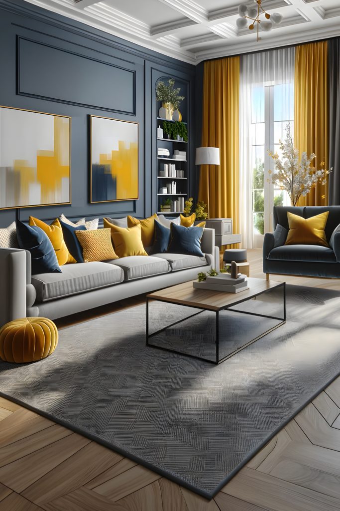 Yellow, Gray, And Navy Blue Living Room