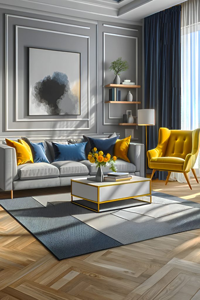 Yellow Gray And-Navy-Blue-Modern Living-Room