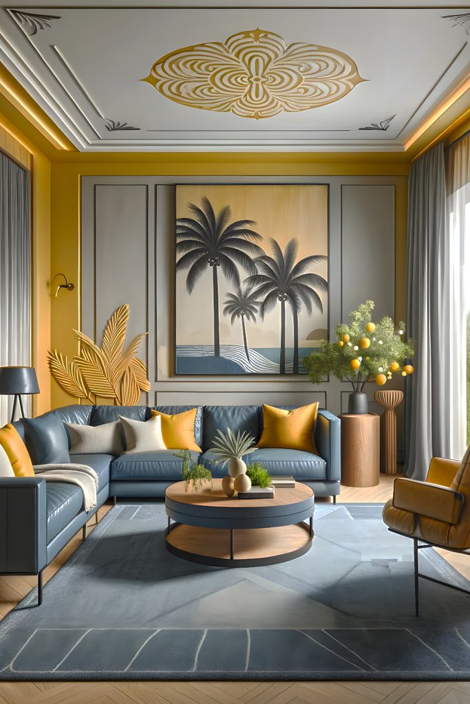 Yellow-Gray-And-Navy-Blue-Tranquil Oasis Living-Room