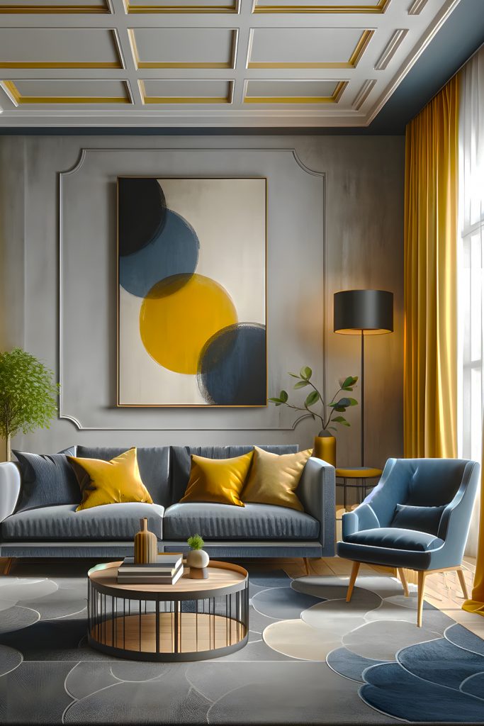 Yellow-Gray-And-Navy-Eclectic Living-Room